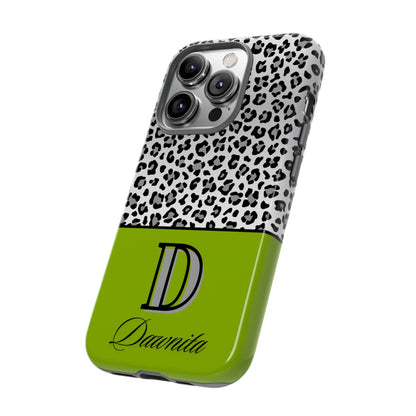 Gray Leopard Print and Green Personalized Name Phone Case - for iPhone, Samsung, and Google Phones