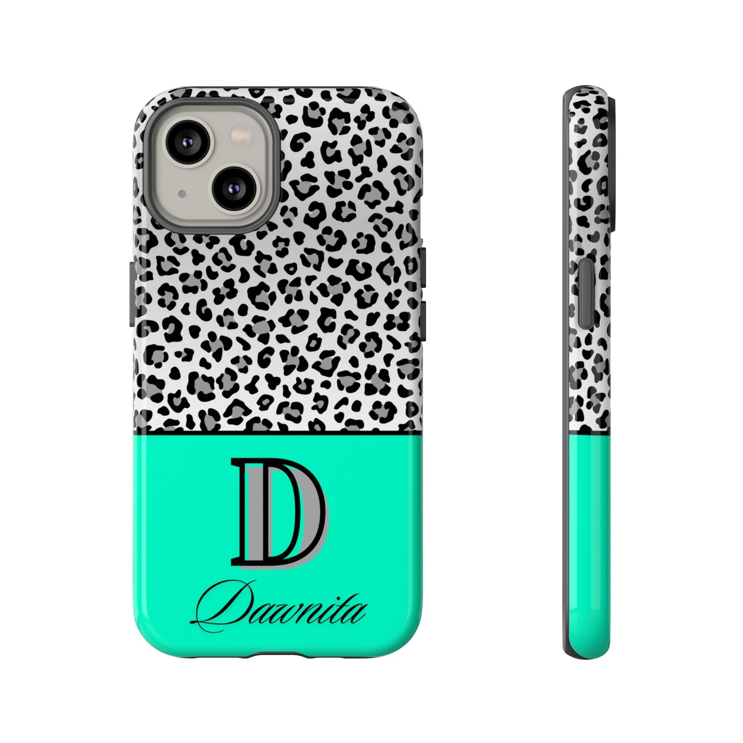 Gray Leopard Print and Teal Personalized Name Phone Case - for iPhone, Samsung, and Google Phones