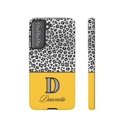 Gray Leopard Print and Yellow Personalized Name Phone Case - for iPhone, Samsung, and Google Phones