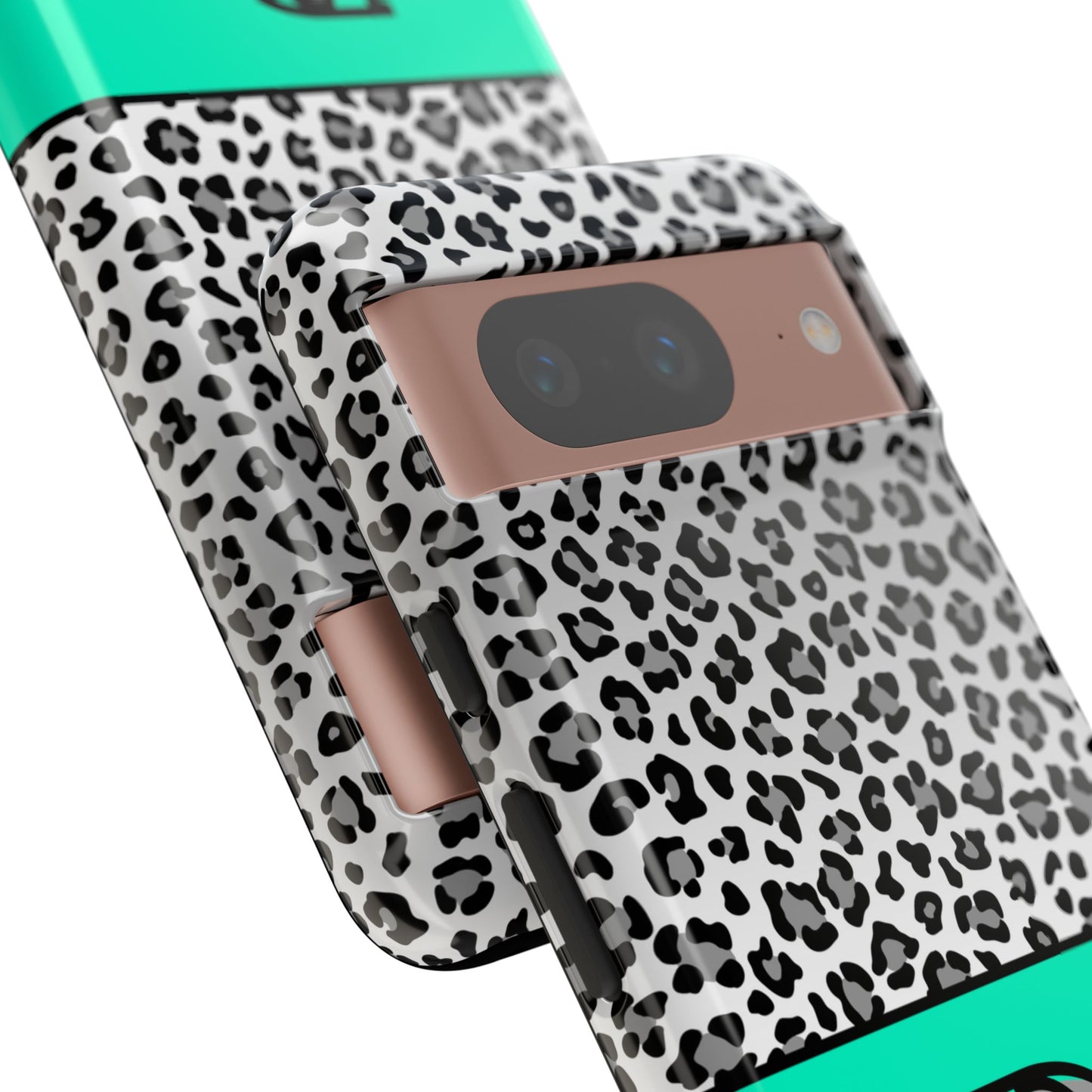 Gray Leopard Print and Teal Personalized Name Phone Case - for iPhone, Samsung, and Google Phones