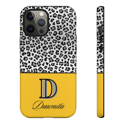 Gray Leopard Print and Yellow Personalized Name Phone Case - for iPhone, Samsung, and Google Phones