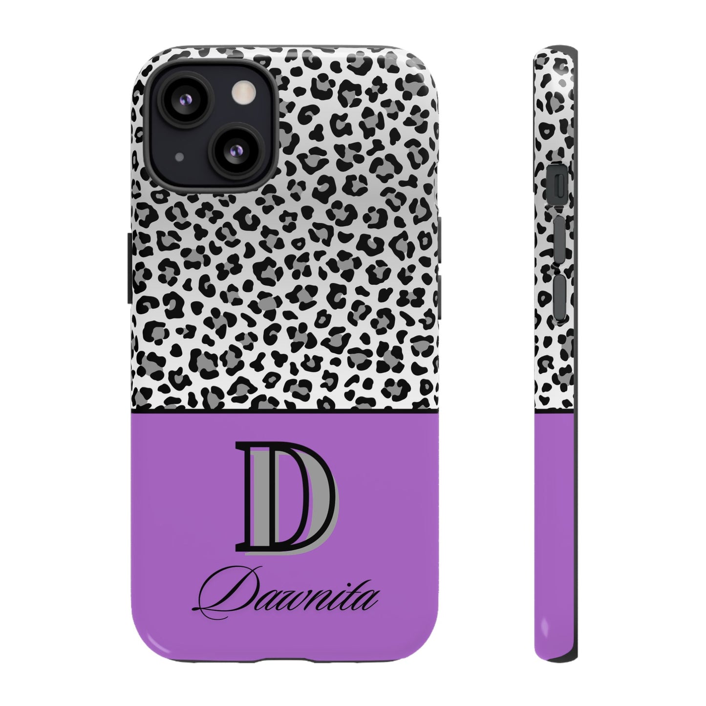 Gray Leopard Print and Purple Personalized Name Phone Case - for iPhone, Samsung, and Google Phones