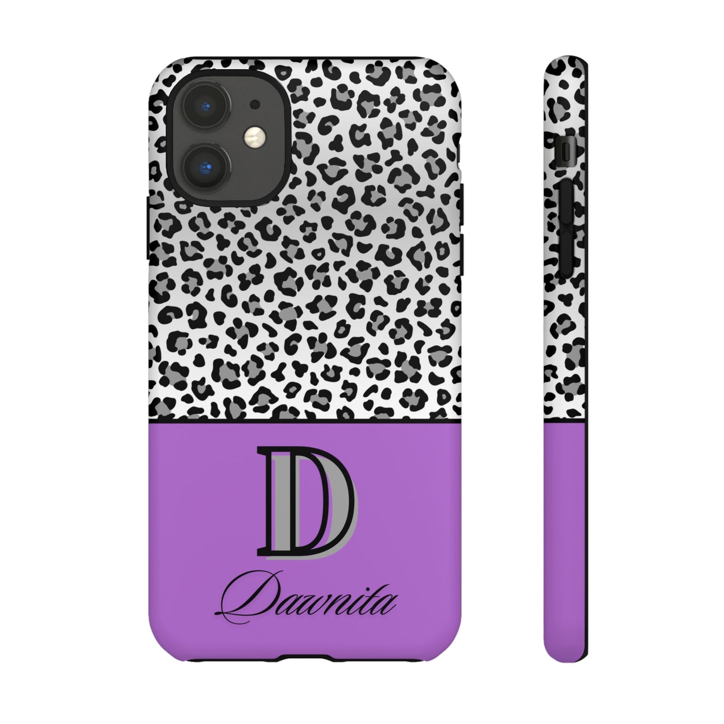 Gray Leopard Print and Purple Personalized Name Phone Case - for iPhone, Samsung, and Google Phones