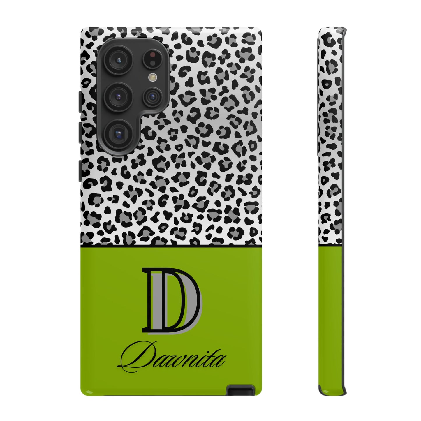 Gray Leopard Print and Green Personalized Name Phone Case - for iPhone, Samsung, and Google Phones