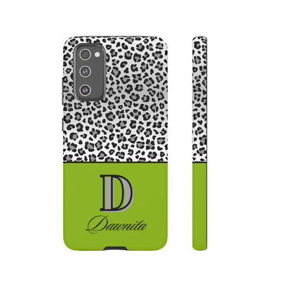 Gray Leopard Print and Green Personalized Name Phone Case - for iPhone, Samsung, and Google Phones