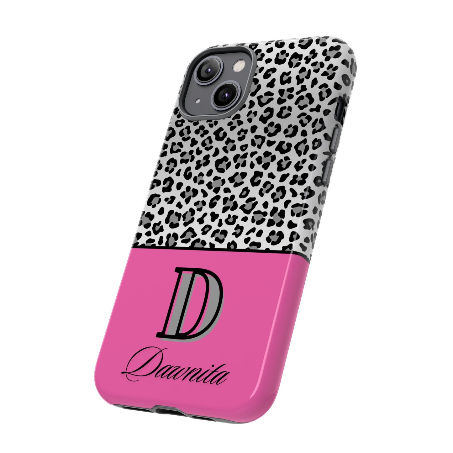 Gray Leopard Print and Pink Personalized Name Phone Case - for iPhone, Samsung, and Google Phones