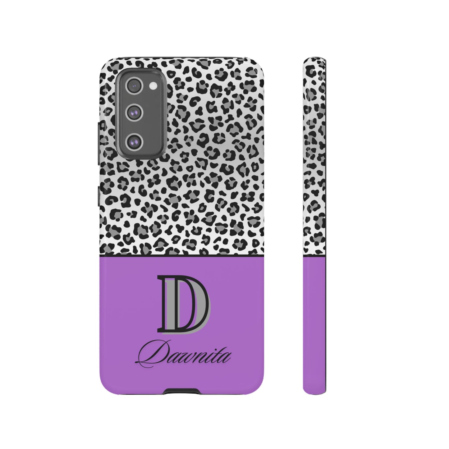 Gray Leopard Print and Purple Personalized Name Phone Case - for iPhone, Samsung, and Google Phones