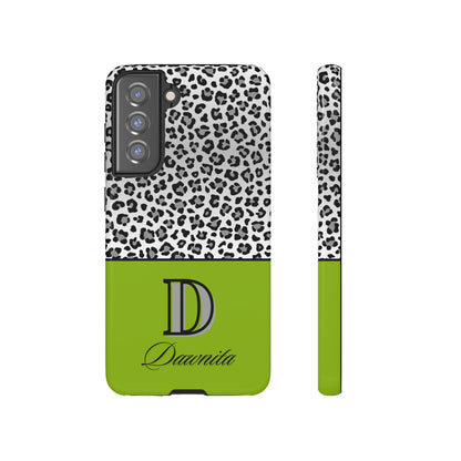 Gray Leopard Print and Green Personalized Name Phone Case - for iPhone, Samsung, and Google Phones