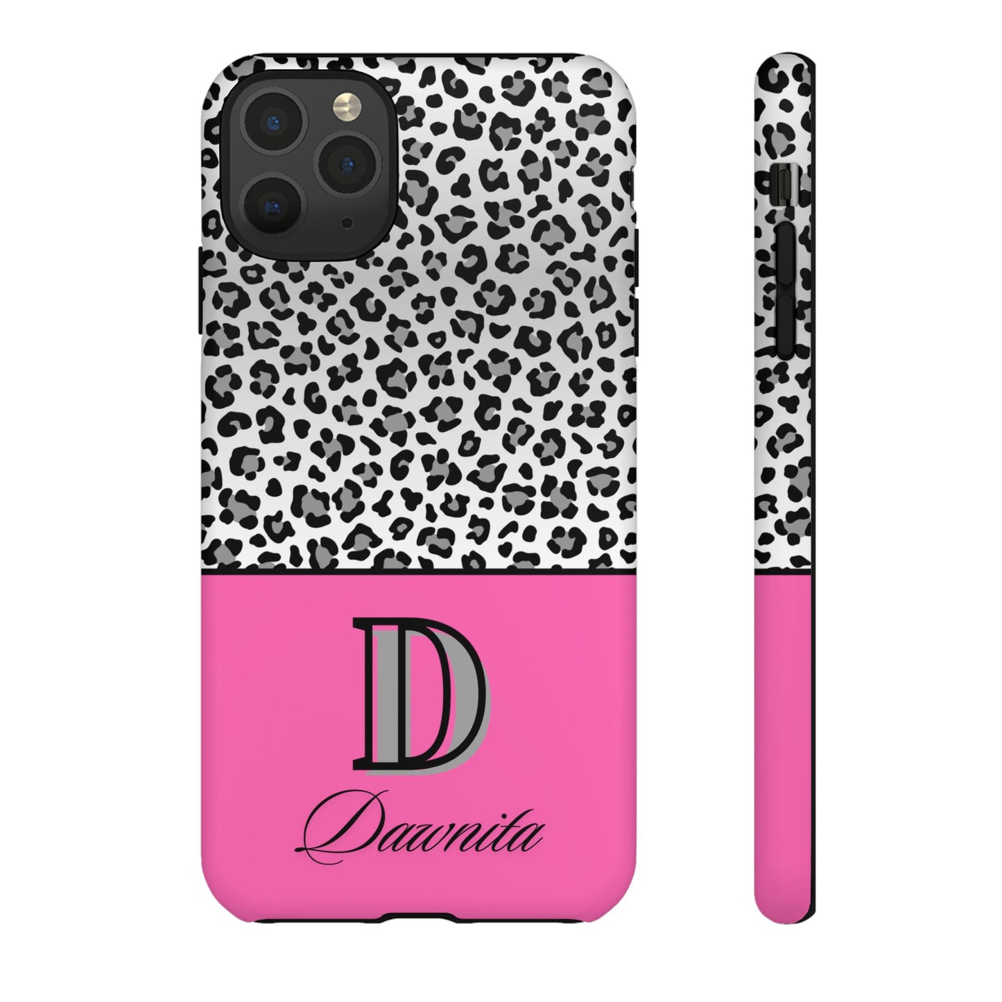 Gray Leopard Print and Pink Personalized Name Phone Case - for iPhone, Samsung, and Google Phones