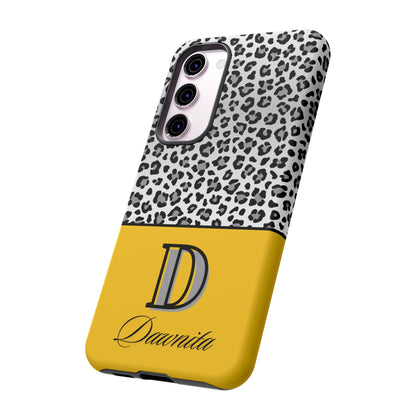 Gray Leopard Print and Yellow Personalized Name Phone Case - for iPhone, Samsung, and Google Phones