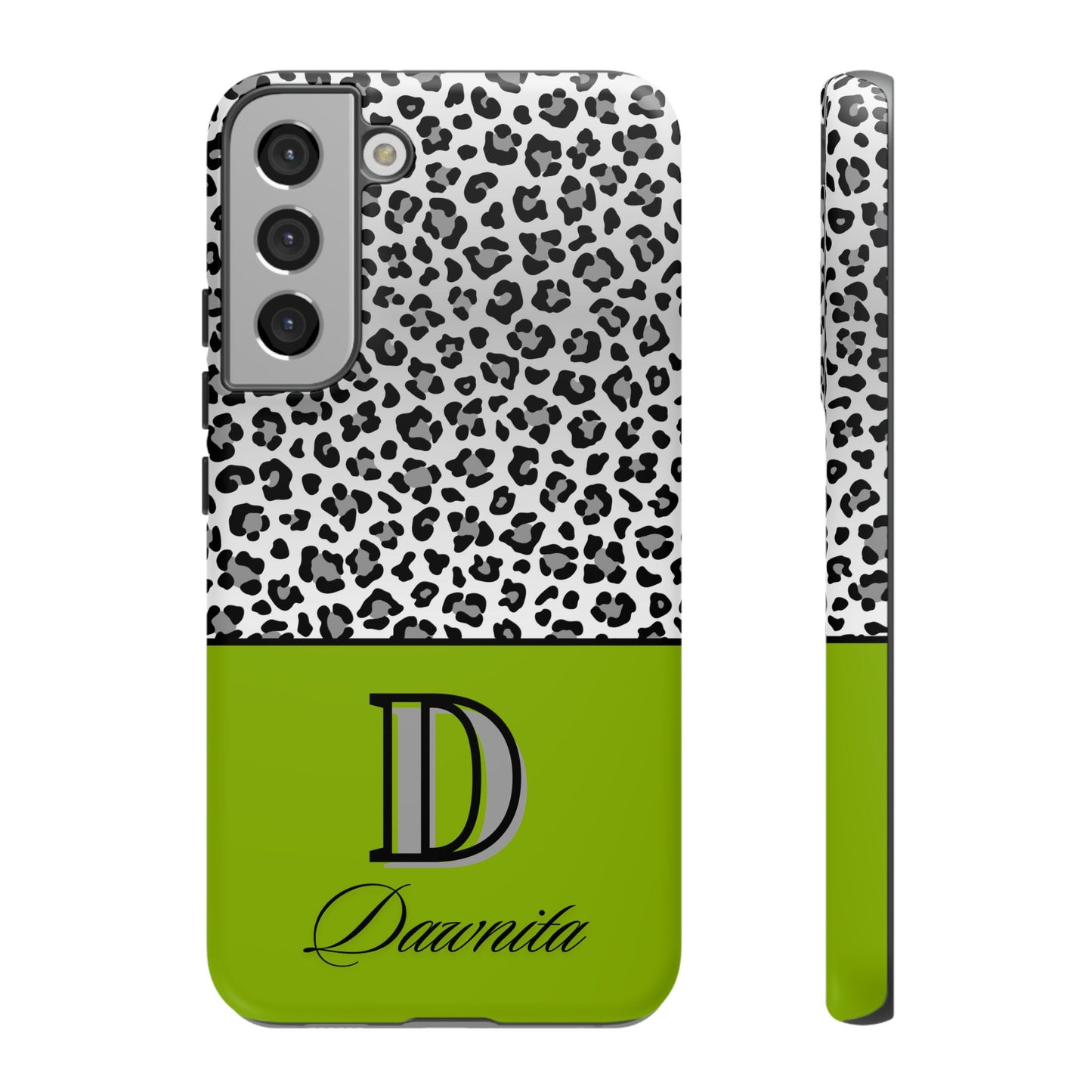 Gray Leopard Print and Green Personalized Name Phone Case - for iPhone, Samsung, and Google Phones