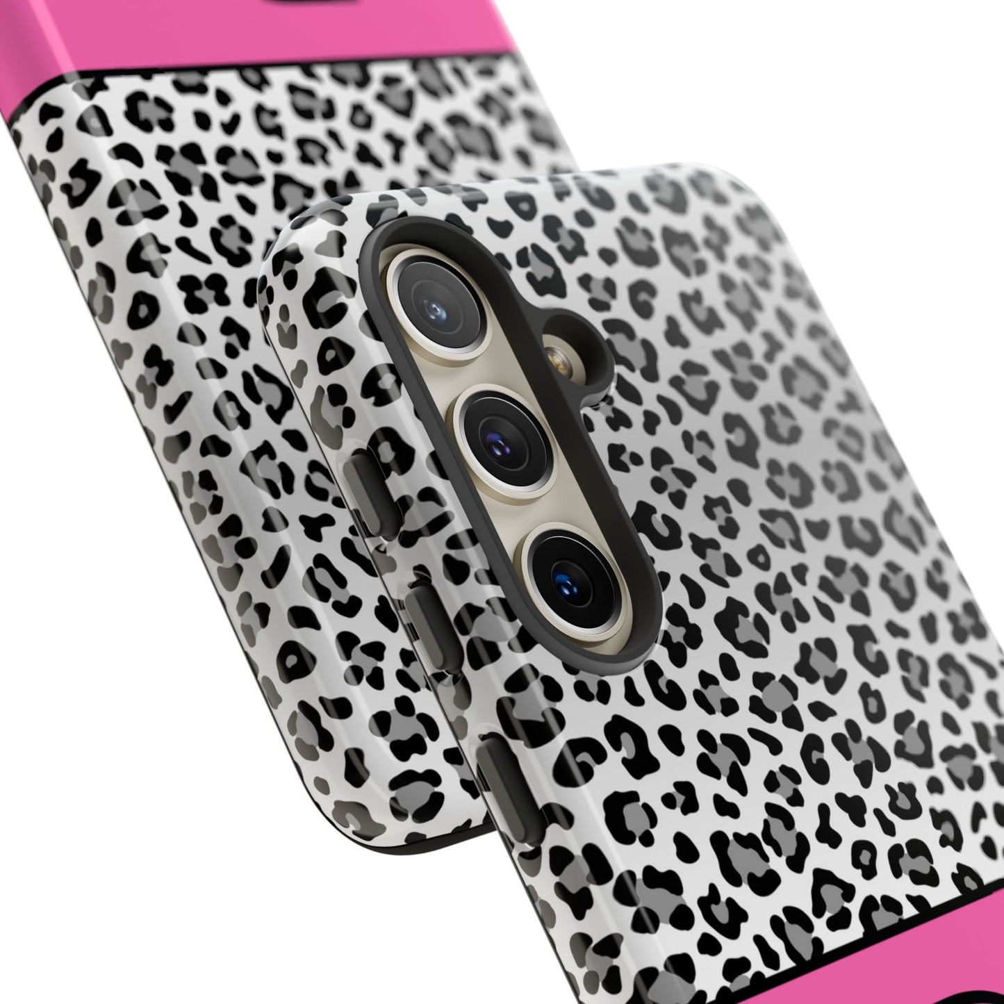 Gray Leopard Print and Pink Personalized Name Phone Case - for iPhone, Samsung, and Google Phones