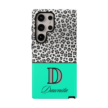 Gray Leopard Print and Teal Personalized Name Phone Case - for iPhone, Samsung, and Google Phones