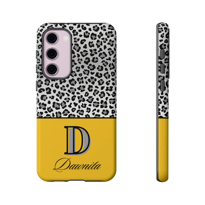 Gray Leopard Print and Yellow Personalized Name Phone Case - for iPhone, Samsung, and Google Phones