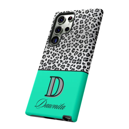 Gray Leopard Print and Teal Personalized Name Phone Case - for iPhone, Samsung, and Google Phones