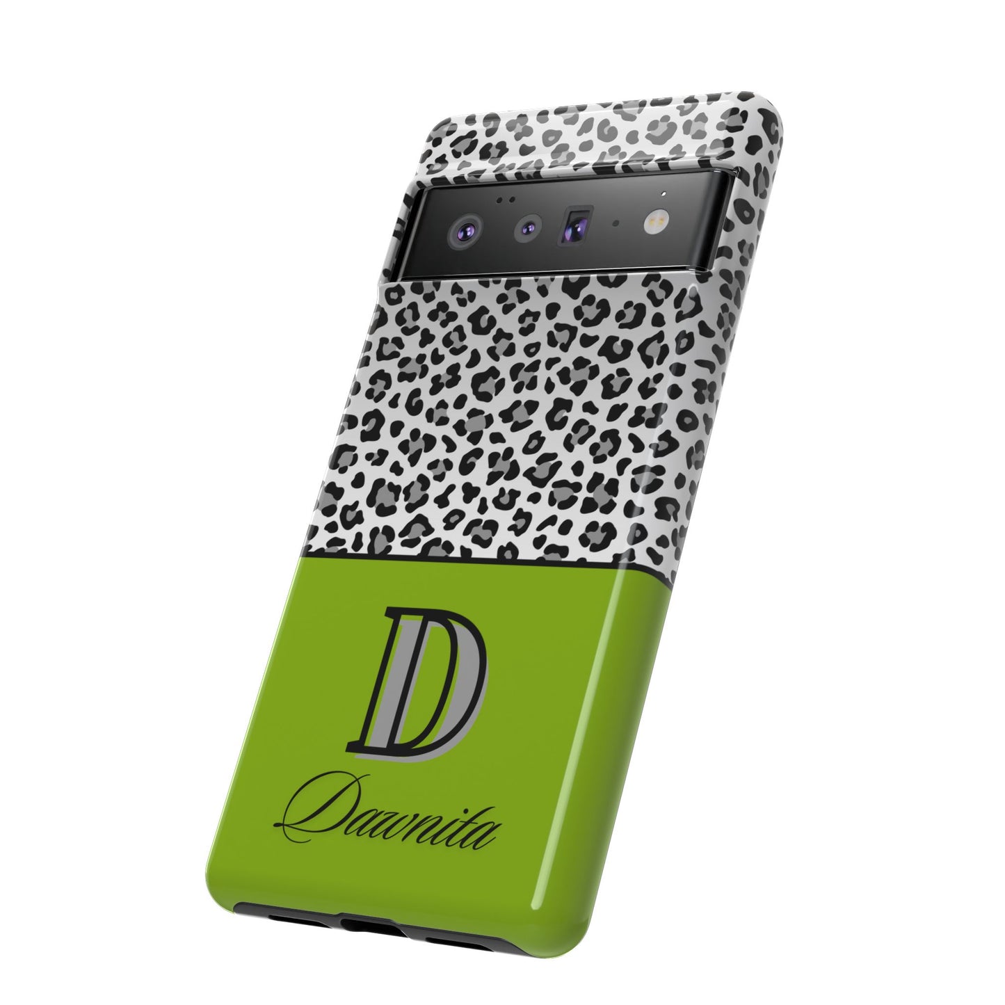 Gray Leopard Print and Green Personalized Name Phone Case - for iPhone, Samsung, and Google Phones