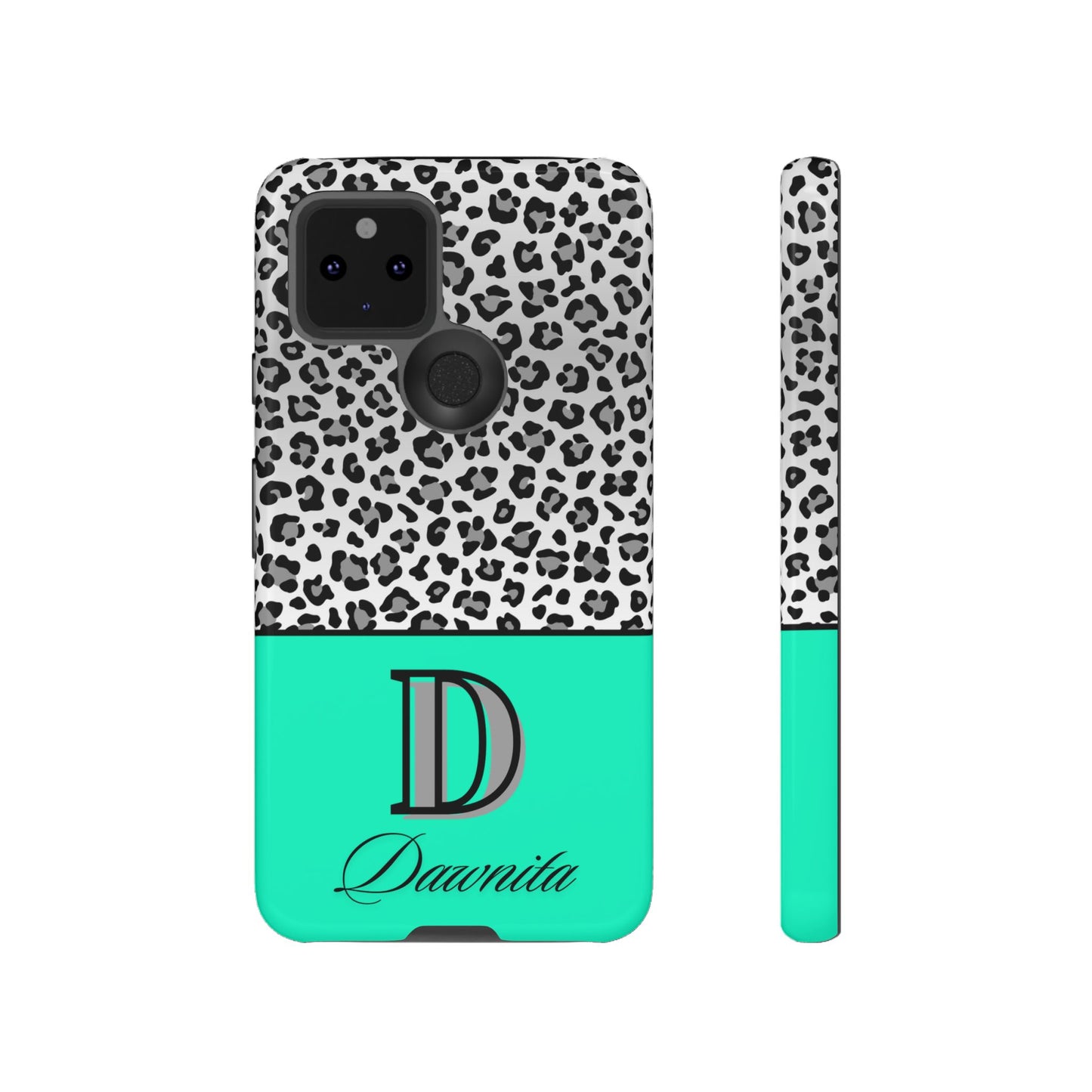 Gray Leopard Print and Teal Personalized Name Phone Case - for iPhone, Samsung, and Google Phones