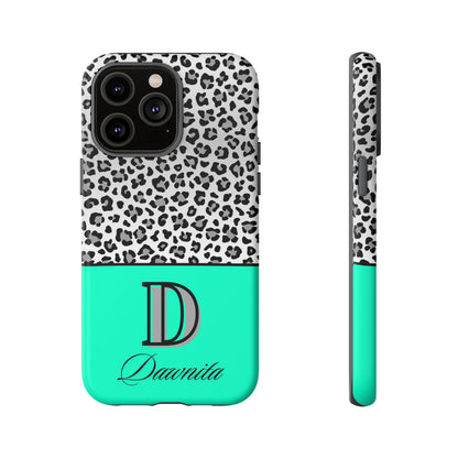 Gray Leopard Print and Teal Personalized Name Phone Case - for iPhone, Samsung, and Google Phones