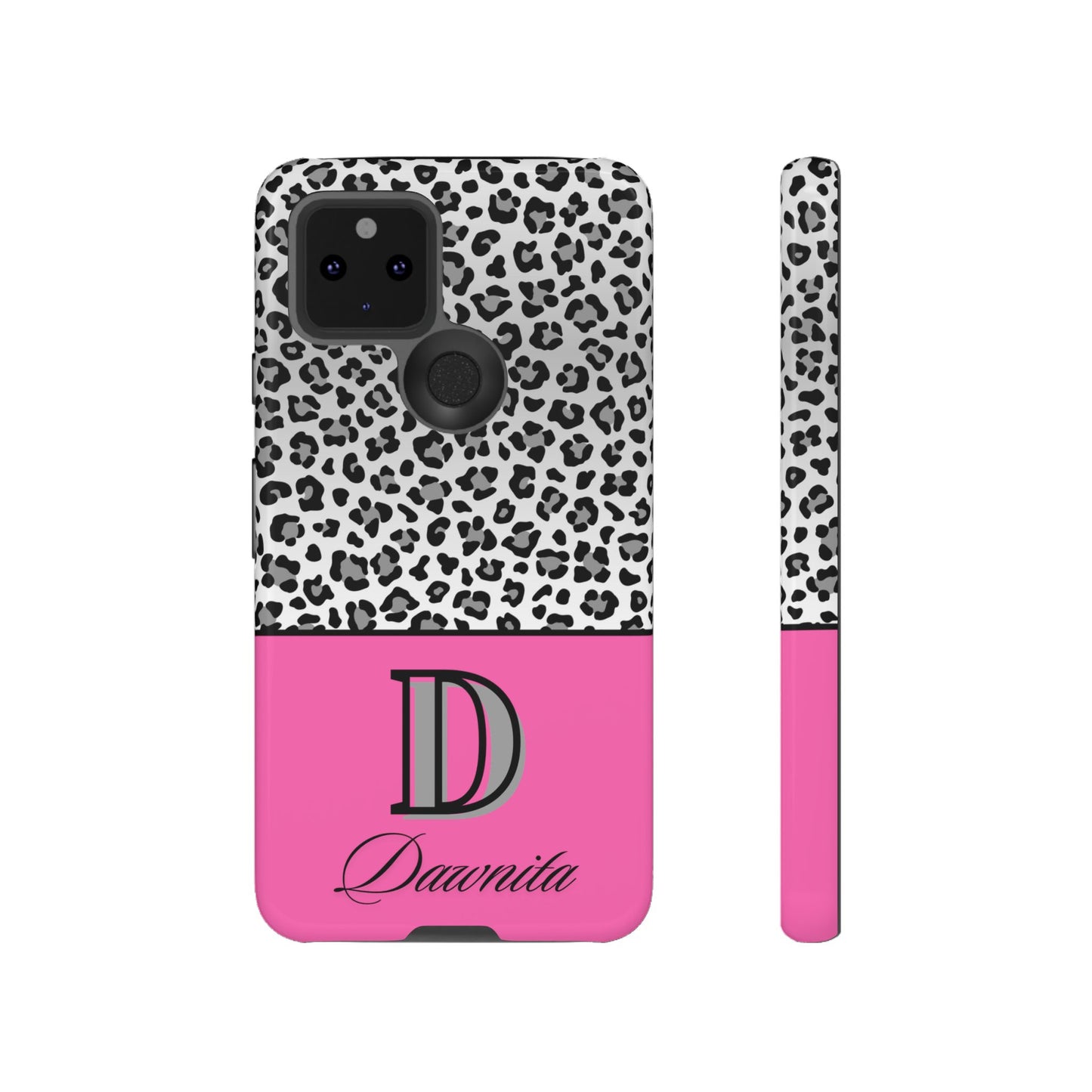 Gray Leopard Print and Pink Personalized Name Phone Case - for iPhone, Samsung, and Google Phones