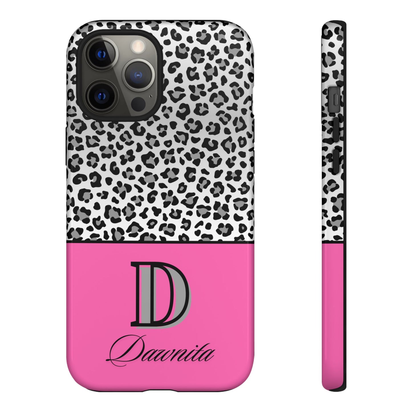 Gray Leopard Print and Pink Personalized Name Phone Case - for iPhone, Samsung, and Google Phones