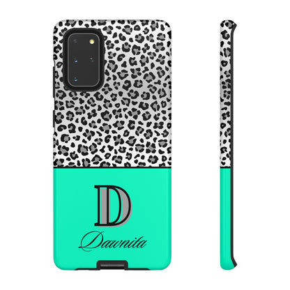 Gray Leopard Print and Teal Personalized Name Phone Case - for iPhone, Samsung, and Google Phones