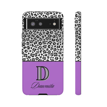 Gray Leopard Print and Purple Personalized Name Phone Case - for iPhone, Samsung, and Google Phones