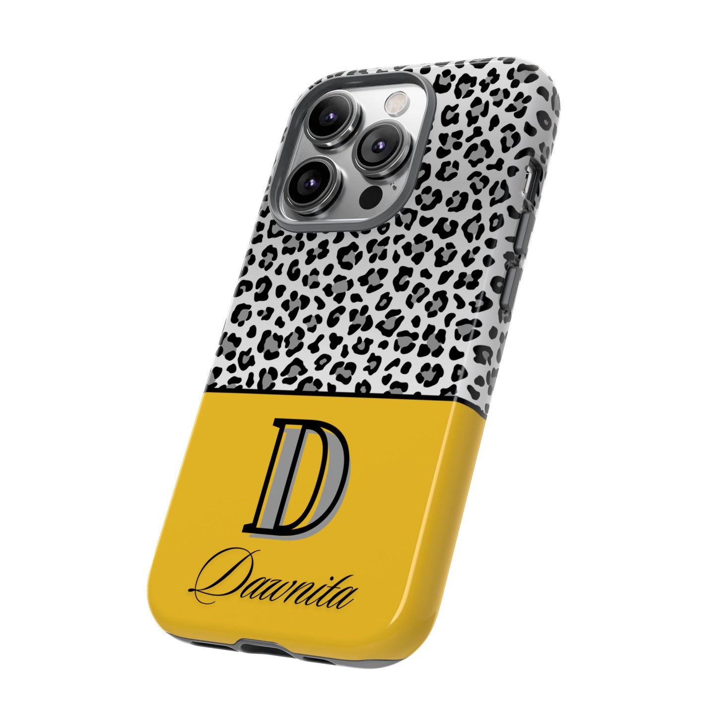 Gray Leopard Print and Yellow Personalized Name Phone Case - for iPhone, Samsung, and Google Phones