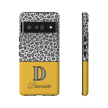 Gray Leopard Print and Yellow Personalized Name Phone Case - for iPhone, Samsung, and Google Phones