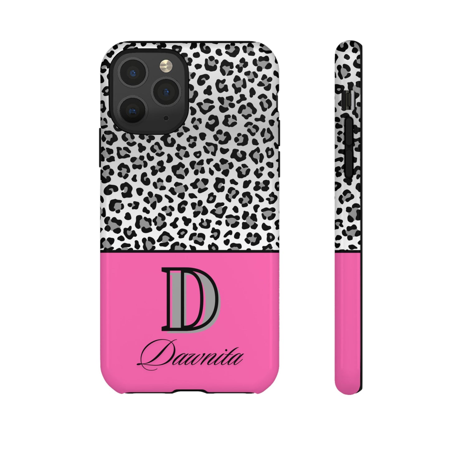 Gray Leopard Print and Pink Personalized Name Phone Case - for iPhone, Samsung, and Google Phones