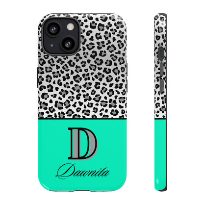 Gray Leopard Print and Teal Personalized Name Phone Case - for iPhone, Samsung, and Google Phones