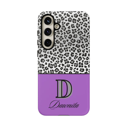 Gray Leopard Print and Purple Personalized Name Phone Case - for iPhone, Samsung, and Google Phones