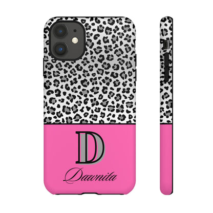 Gray Leopard Print and Pink Personalized Name Phone Case - for iPhone, Samsung, and Google Phones