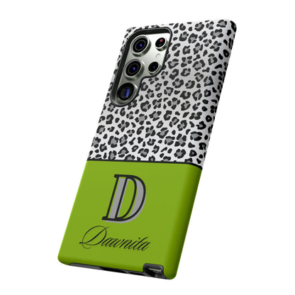 Gray Leopard Print and Green Personalized Name Phone Case - for iPhone, Samsung, and Google Phones