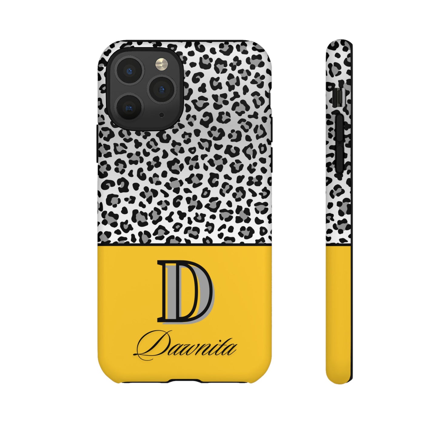 Gray Leopard Print and Yellow Personalized Name Phone Case - for iPhone, Samsung, and Google Phones