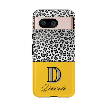 Gray Leopard Print and Yellow Personalized Name Phone Case - for iPhone, Samsung, and Google Phones