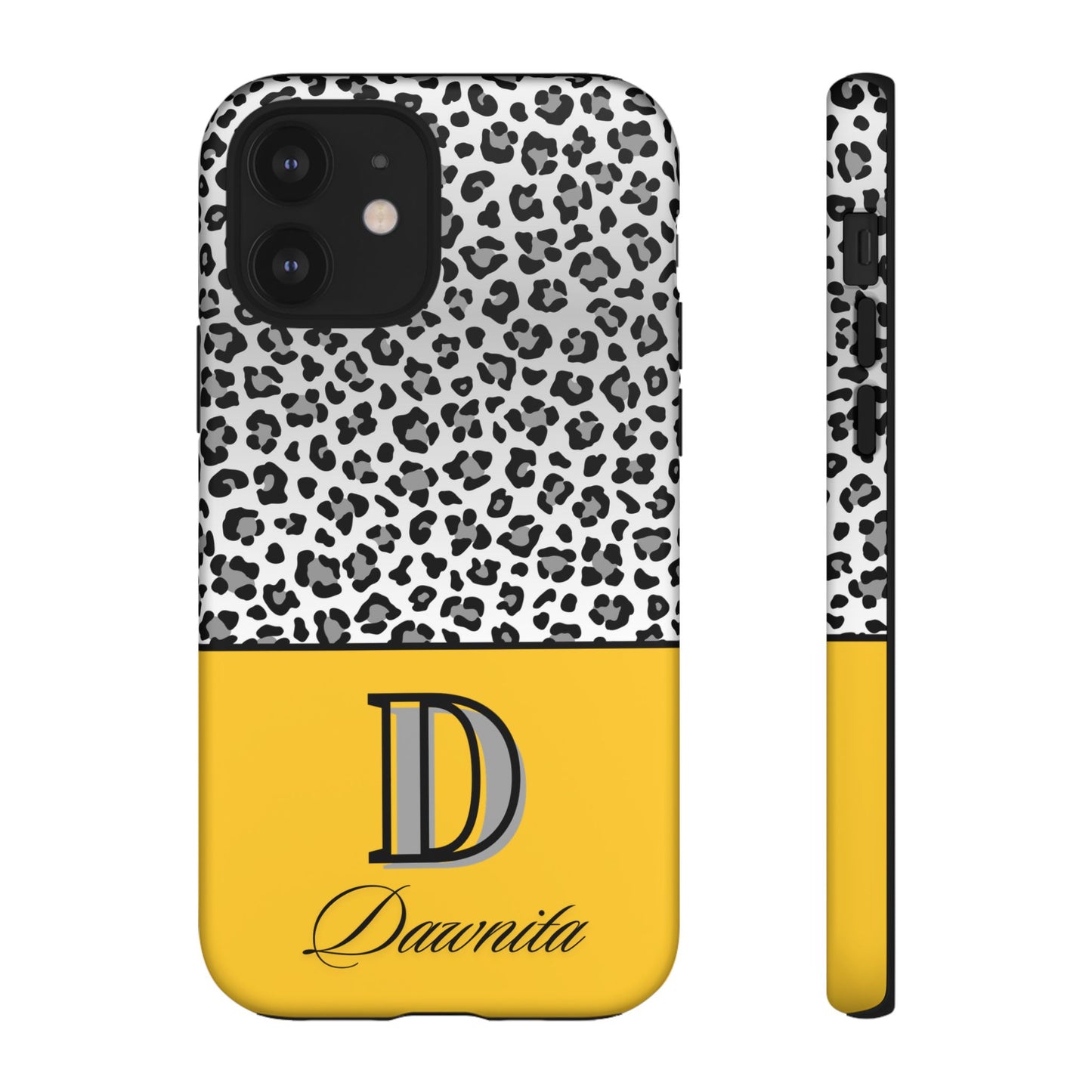 Gray Leopard Print and Yellow Personalized Name Phone Case - for iPhone, Samsung, and Google Phones