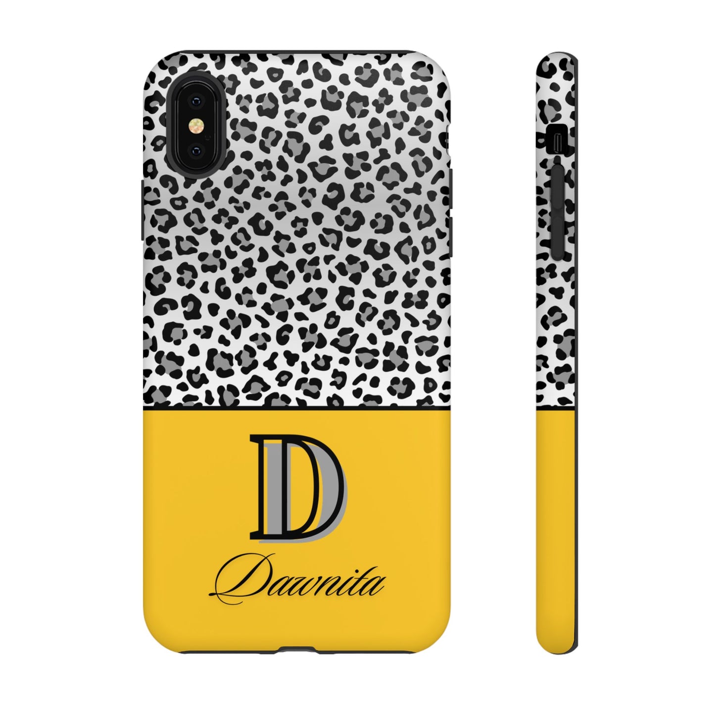 Gray Leopard Print and Yellow Personalized Name Phone Case - for iPhone, Samsung, and Google Phones