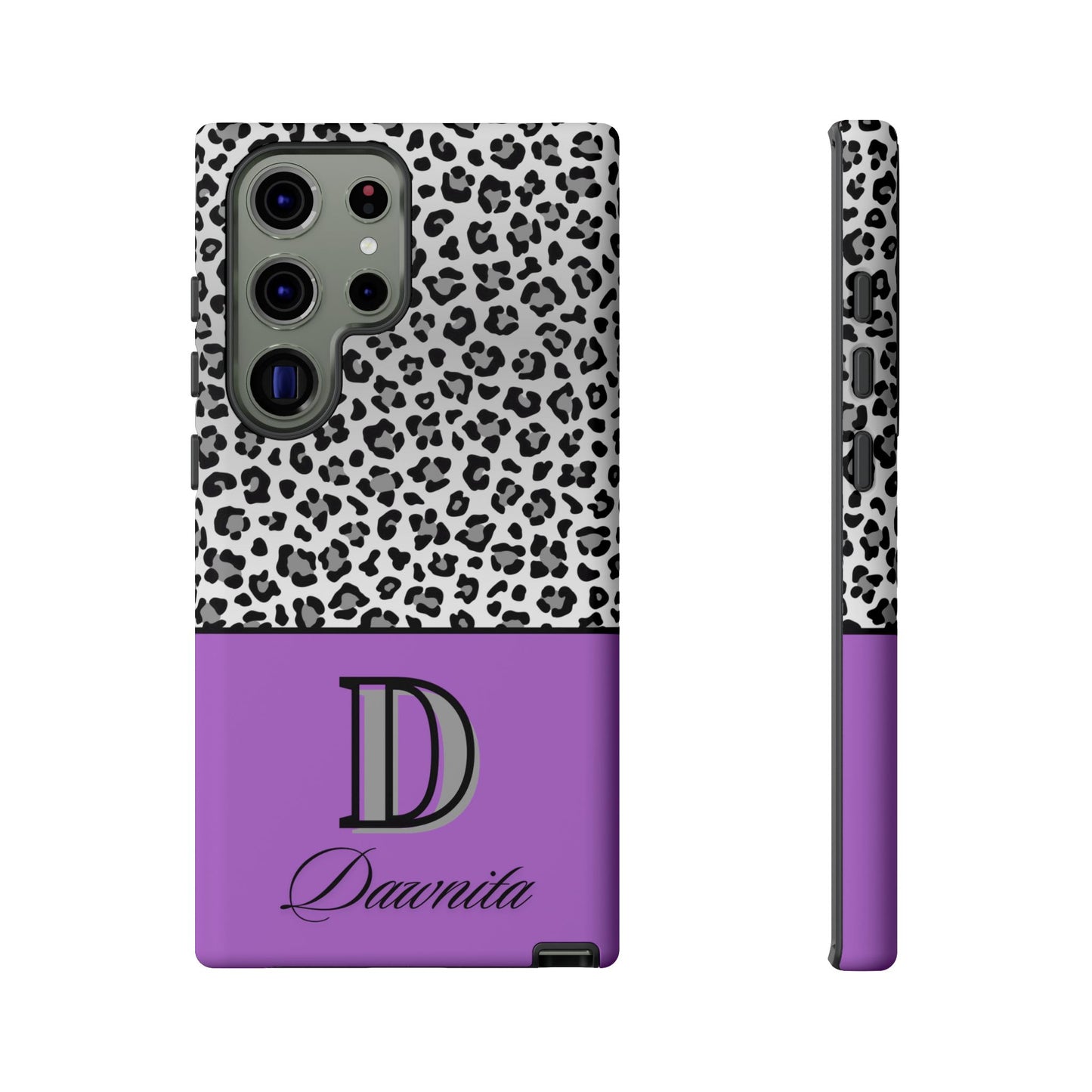 Gray Leopard Print and Purple Personalized Name Phone Case - for iPhone, Samsung, and Google Phones