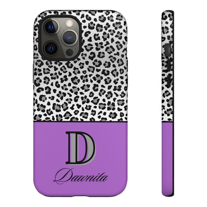 Gray Leopard Print and Purple Personalized Name Phone Case - for iPhone, Samsung, and Google Phones