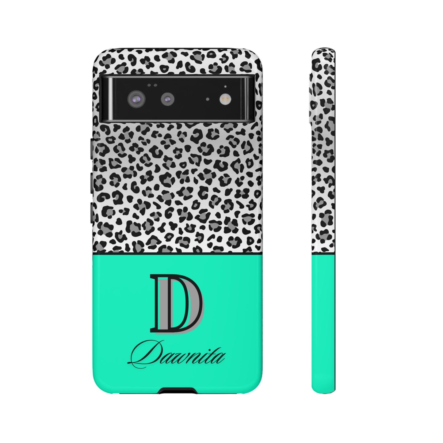 Gray Leopard Print and Teal Personalized Name Phone Case - for iPhone, Samsung, and Google Phones