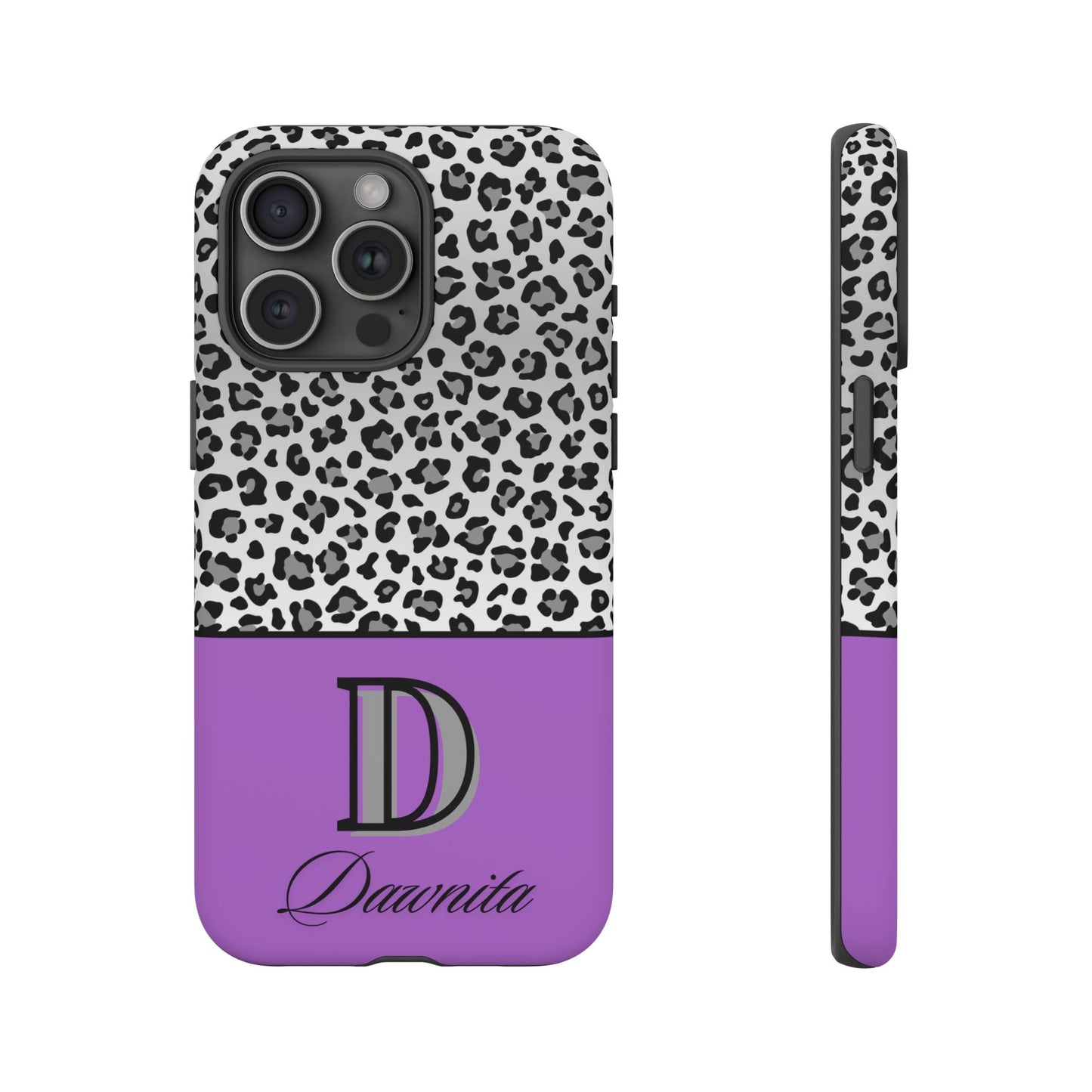 Gray Leopard Print and Purple Personalized Name Phone Case - for iPhone, Samsung, and Google Phones