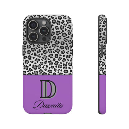 Gray Leopard Print and Purple Personalized Name Phone Case - for iPhone, Samsung, and Google Phones