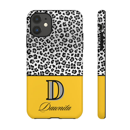 Gray Leopard Print and Yellow Personalized Name Phone Case - for iPhone, Samsung, and Google Phones