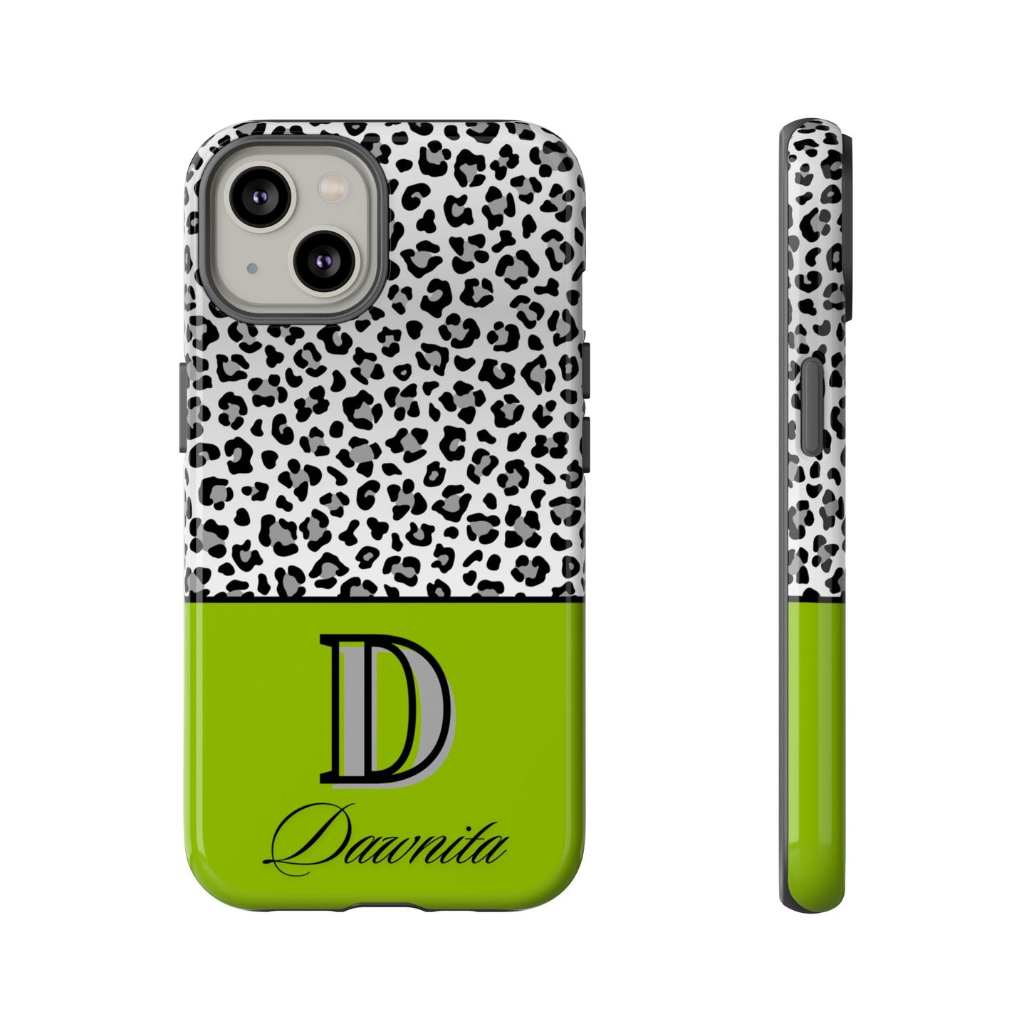 Gray Leopard Print and Green Personalized Name Phone Case - for iPhone, Samsung, and Google Phones