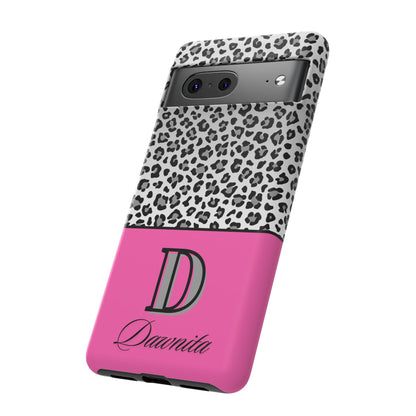 Gray Leopard Print and Pink Personalized Name Phone Case - for iPhone, Samsung, and Google Phones