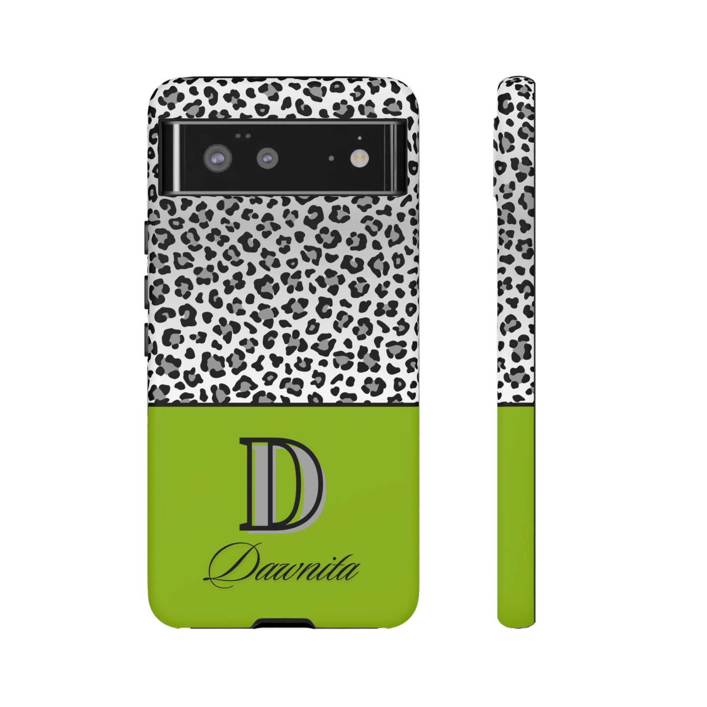 Gray Leopard Print and Green Personalized Name Phone Case - for iPhone, Samsung, and Google Phones