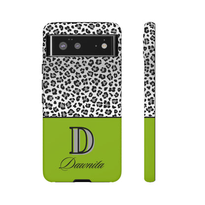 Gray Leopard Print and Green Personalized Name Phone Case - for iPhone, Samsung, and Google Phones