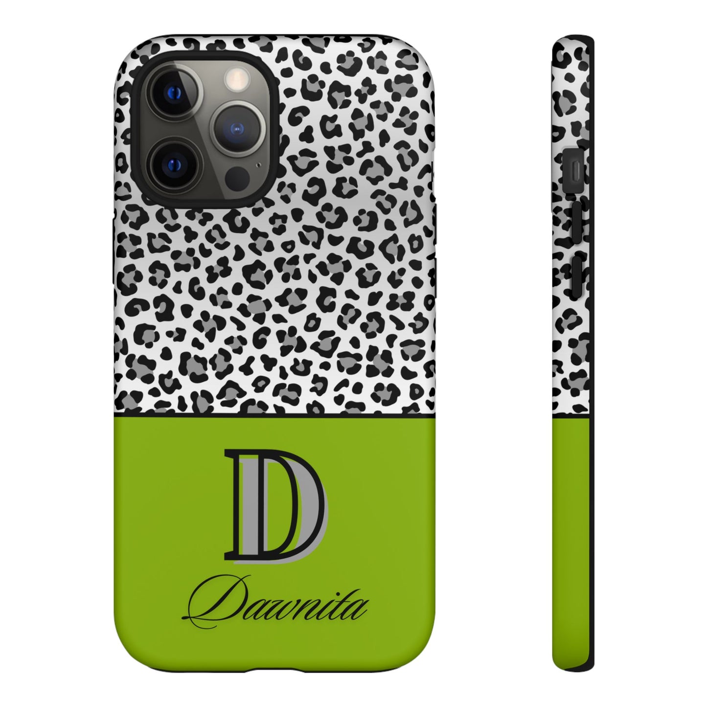 Gray Leopard Print and Green Personalized Name Phone Case - for iPhone, Samsung, and Google Phones