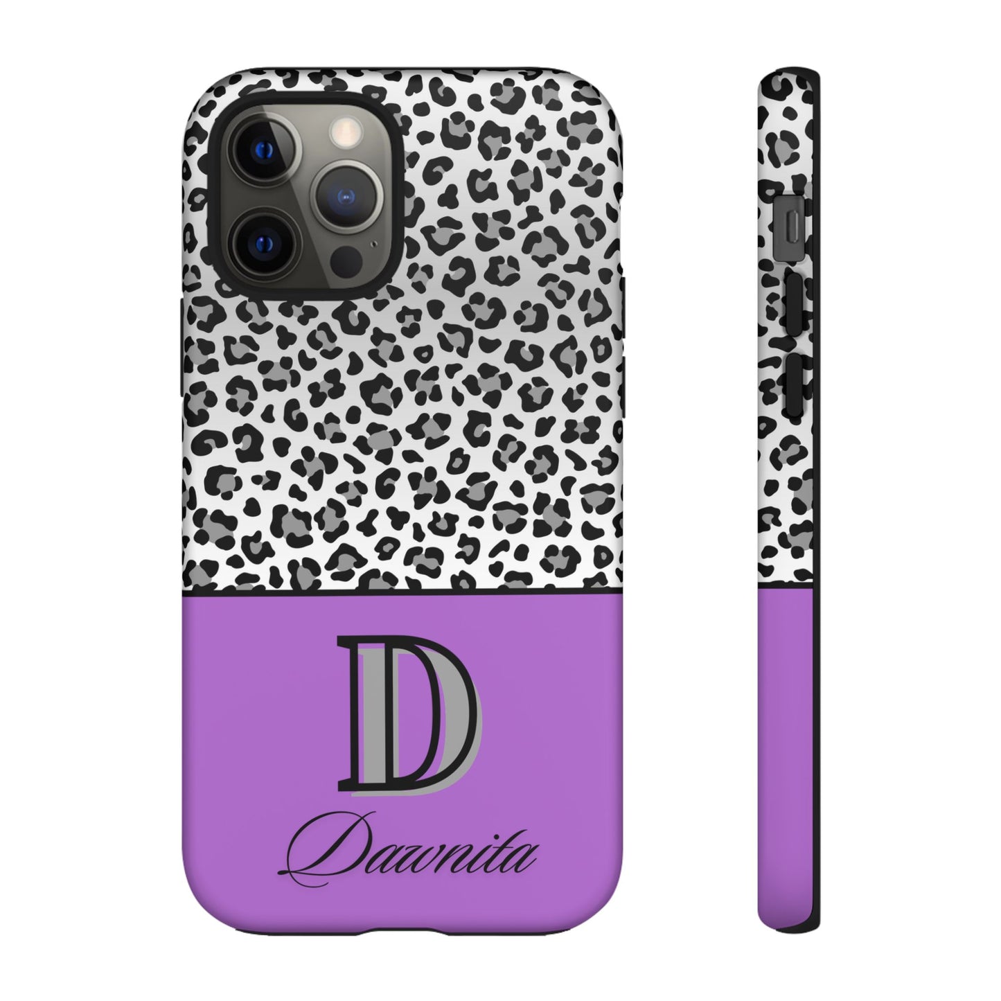 Gray Leopard Print and Purple Personalized Name Phone Case - for iPhone, Samsung, and Google Phones