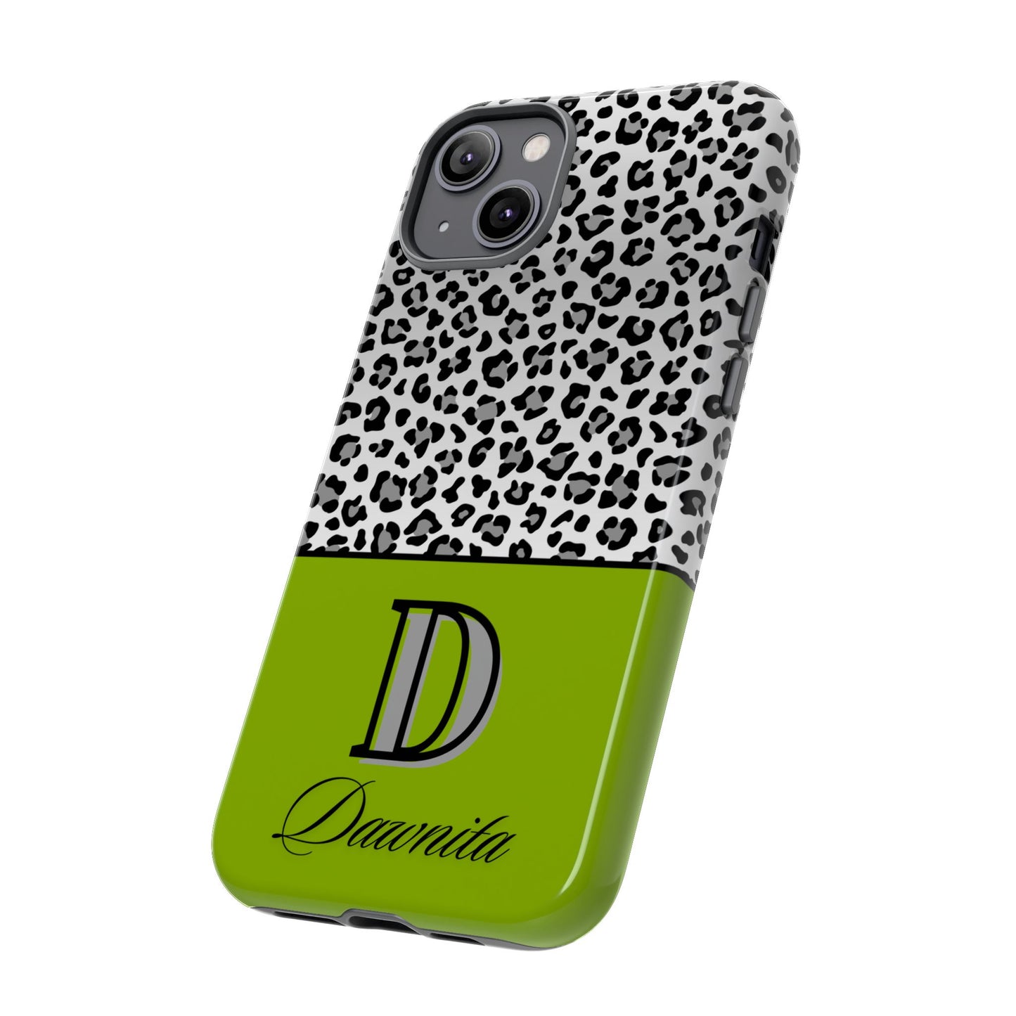 Gray Leopard Print and Green Personalized Name Phone Case - for iPhone, Samsung, and Google Phones